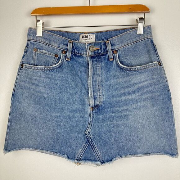 AGOLDE Quinn High-Rise Denim Mini Skirt in Devotee Button Fly Distressed Hem 29 - Picture 2 of 9
